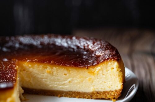 Top-down view of a Basque cheesecake with a deeply caramelized top on a white plate, set on a dark wooden surface