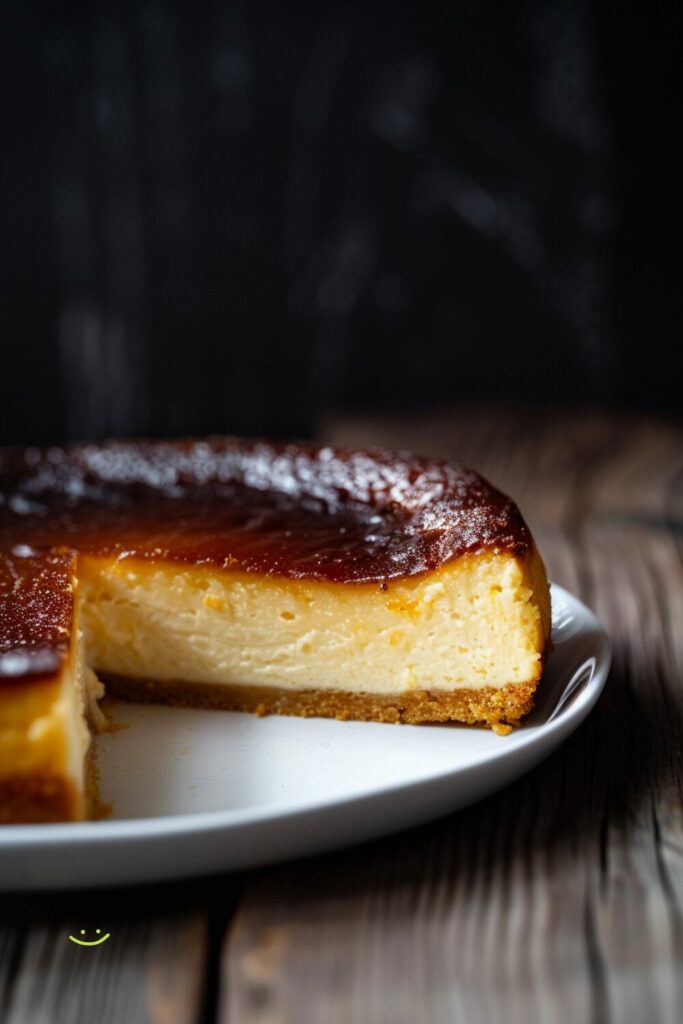 Top-down view of a Basque cheesecake with a deeply caramelized top on a white plate, set on a dark wooden surface