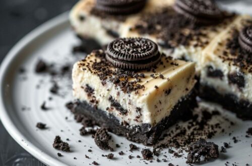 Top-down view of Oreo cheesecake bars on a white plate, set on a dark wooden surface