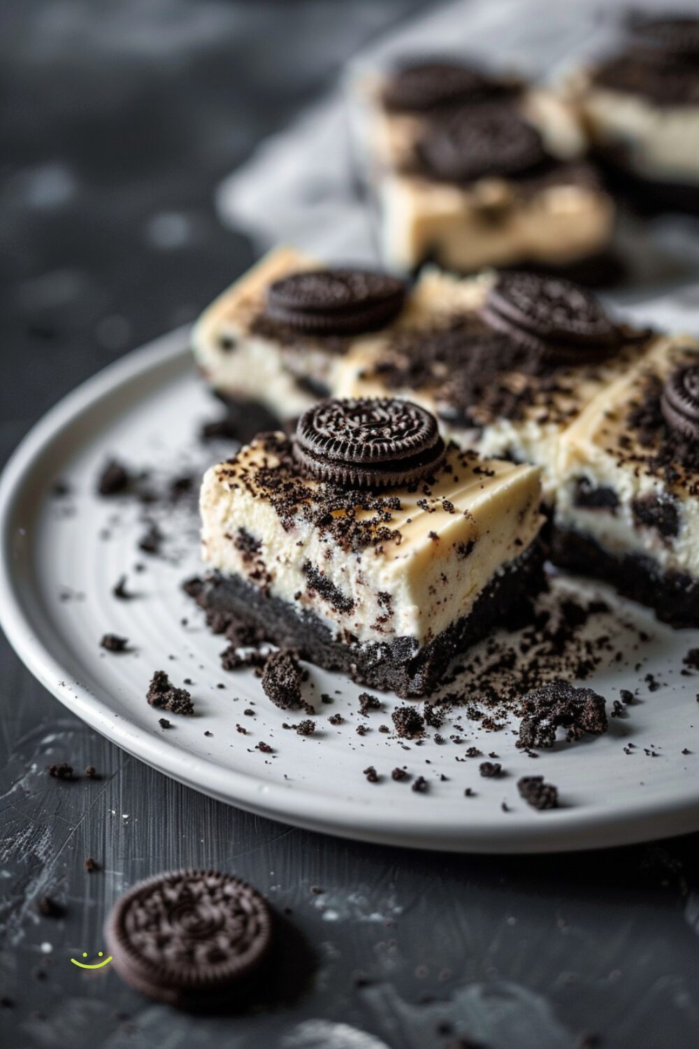 Top-down view of Oreo cheesecake bars on a white plate, set on a dark wooden surface