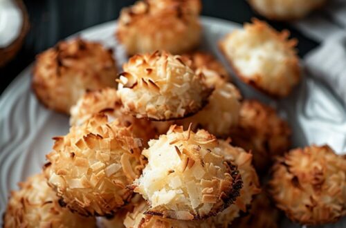 Top-down view of coconut macaroons on a white plate, set on a dark wooden surface.