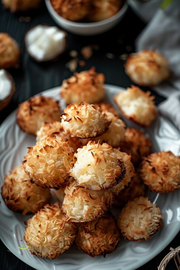 Top-down view of coconut macaroons on a white plate, set on a dark wooden surface.