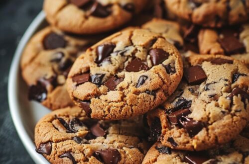 Top-down view of brown butter chocolate chip cookies on a white plate, set on a dark wooden surface