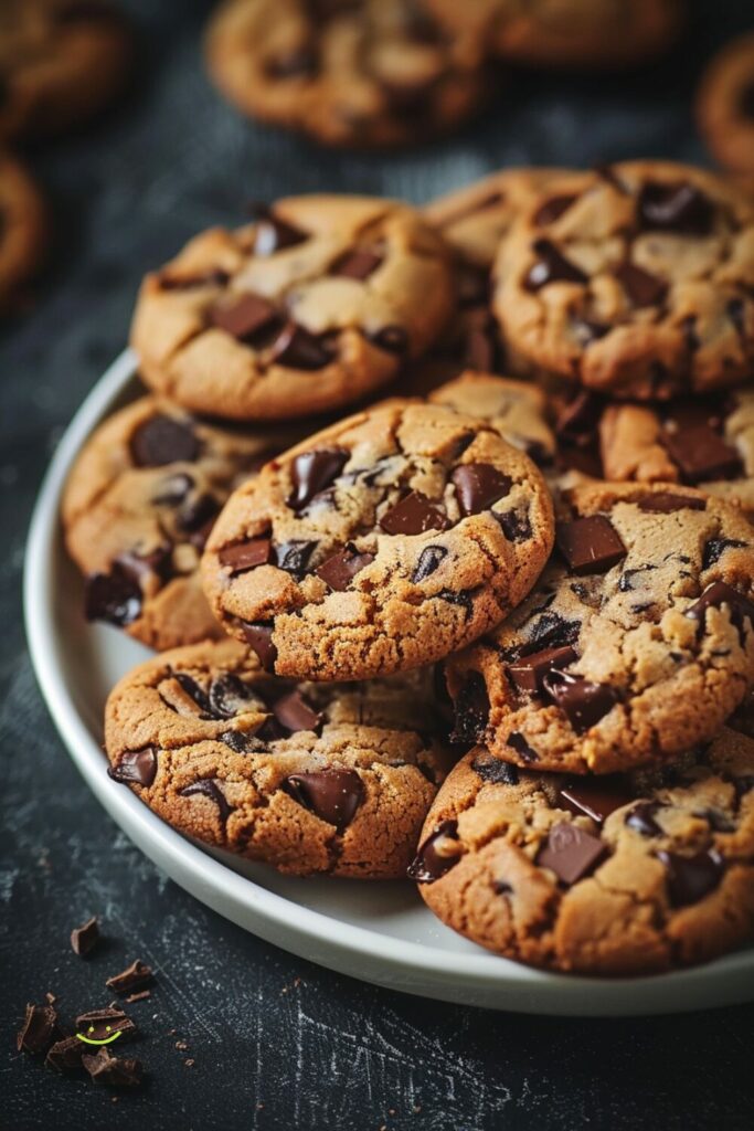 Top-down view of brown butter chocolate chip cookies on a white plate, set on a dark wooden surface