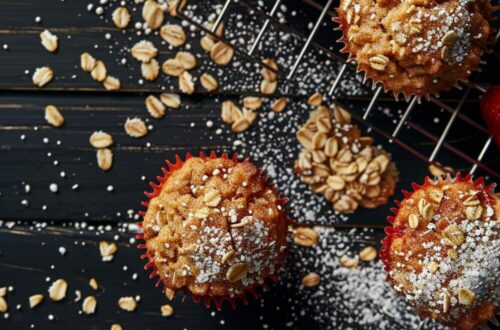 Image of freshly baked oatmeal strawberry muffins cooling on a wire rack.