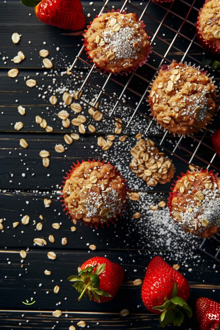 Image of freshly baked oatmeal strawberry muffins cooling on a wire rack.