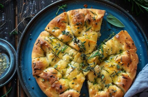 Crisp and fluffy sourdough focaccia on a dark wooden plate.