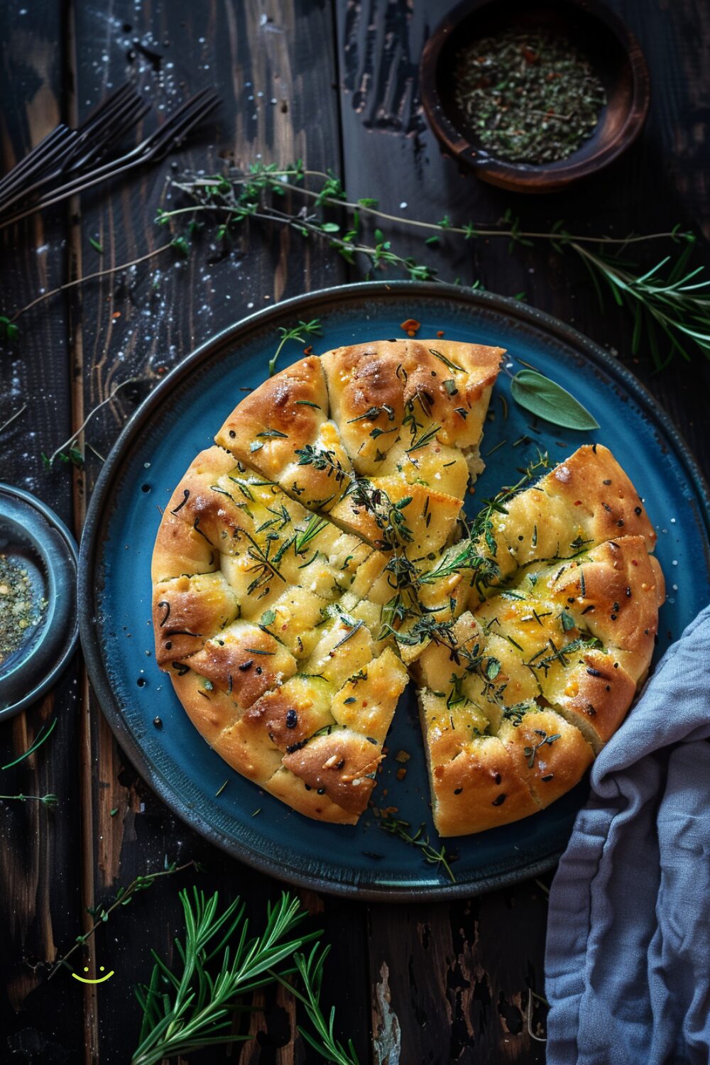 Crisp and fluffy sourdough focaccia on a dark wooden plate.