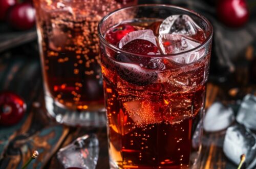 Two glasses of cherry vanilla soda, one with a splash of bourbon, garnished with fresh cherries and ice, placed on a dark wooden surface.