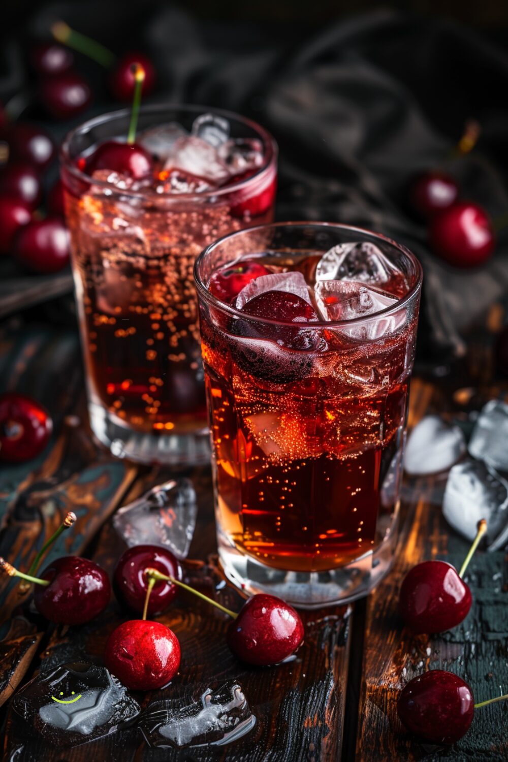 Two glasses of cherry vanilla soda, one with a splash of bourbon, garnished with fresh cherries and ice, placed on a dark wooden surface.