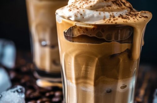 Two glasses of dalgona coffee served over ice, topped with the whipped coffee mixture, placed on a dark wooden surface.