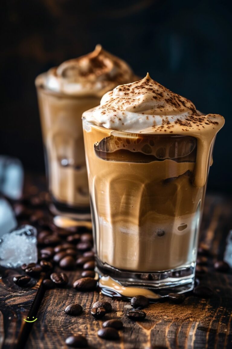 Two glasses of dalgona coffee served over ice, topped with the whipped coffee mixture, placed on a dark wooden surface.