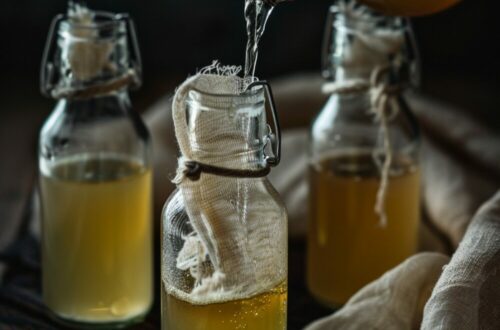 Homemade elderflower cordial being poured into sterilized bottles through muslin, placed on a dark wooden surface