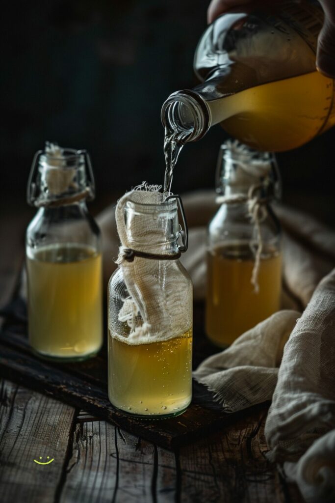 Homemade elderflower cordial being poured into sterilized bottles through muslin, placed on a dark wooden surface