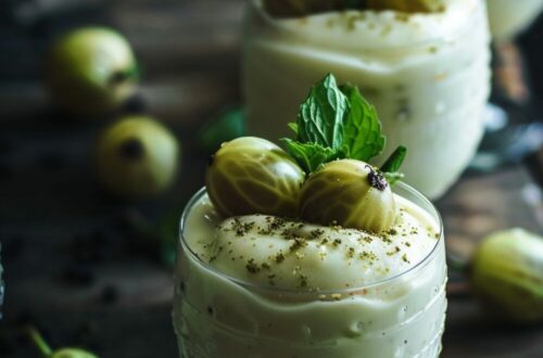 Glasses filled with gooseberry fool, topped with reserved gooseberries and decorated with mint sprigs, placed on a dark wooden surface.