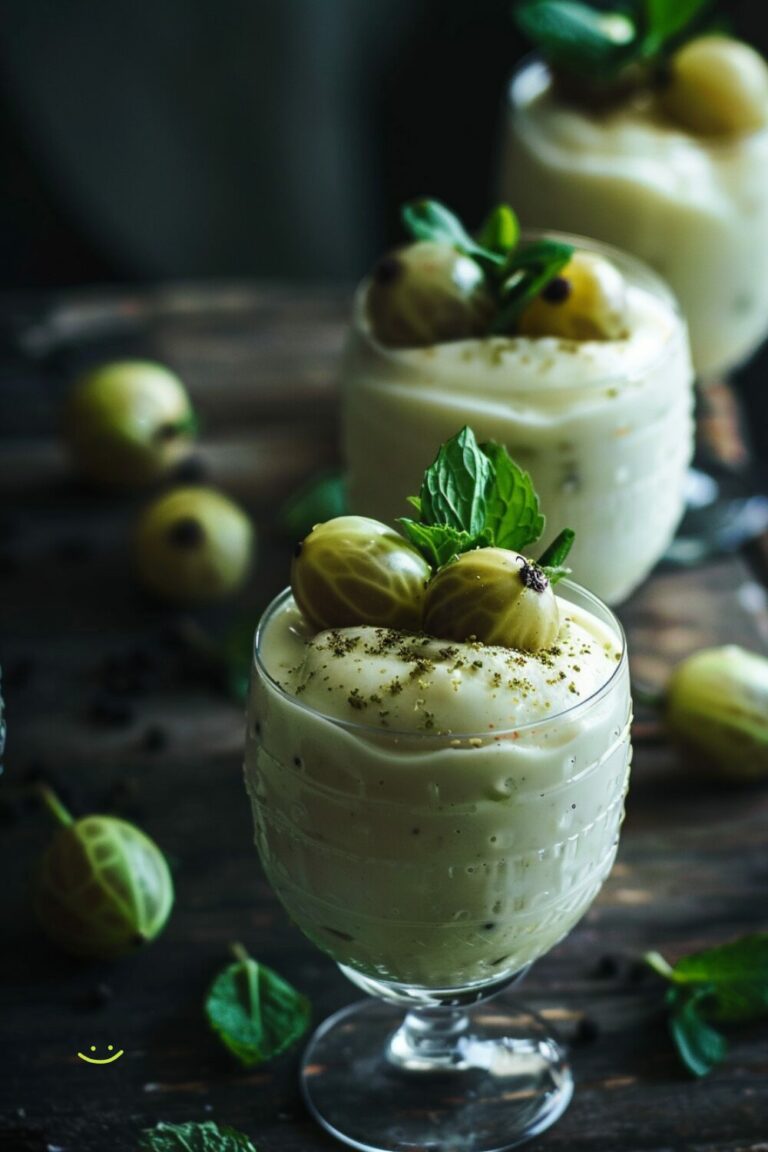 Glasses filled with gooseberry fool, topped with reserved gooseberries and decorated with mint sprigs, placed on a dark wooden surface.