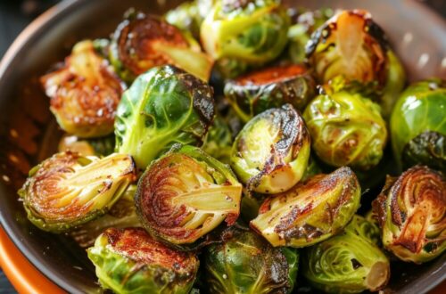 Close-up top-down view of crispy air fryer roasted Brussels sprouts on a orange plate.