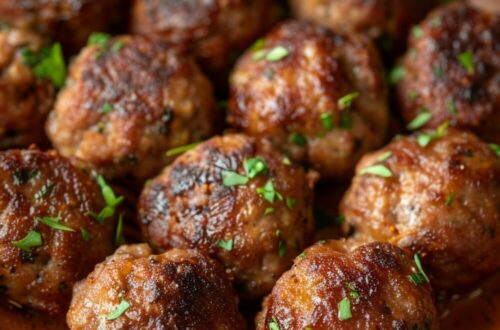 Top-down view of crispy sausage cheese balls on a blue plate, placed on a dark, black wooden texture surface.