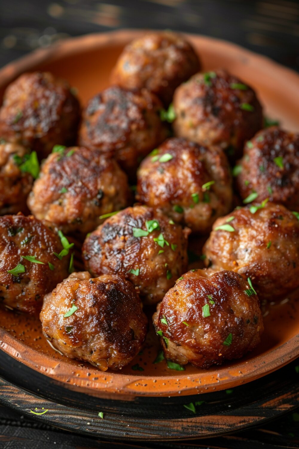 Top-down view of crispy sausage cheese balls on a blue plate, placed on a dark, black wooden texture surface.