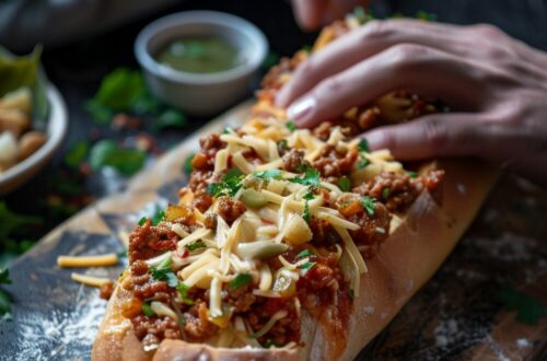 Close-up of Taco Pull Apart Bread on a dark blue plate with melted cheese and taco meat visible.