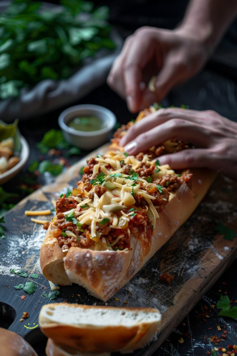 Close-up of Taco Pull Apart Bread on a dark blue plate with melted cheese and taco meat visible.