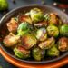 Close-up top-down view of crispy air fryer roasted Brussels sprouts on a orange plate.