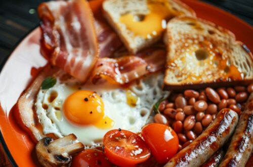 A plate of Full English breakfast with bacon, sausages, eggs, tomatoes, mushrooms, toast, and beans on a dark wooden surface.