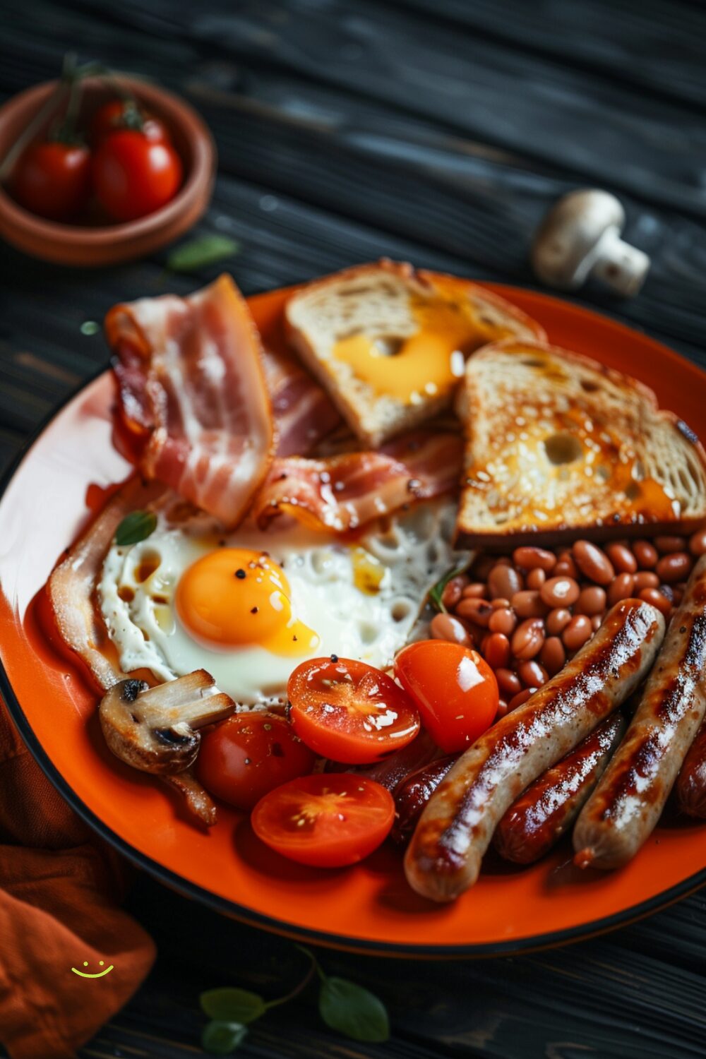 A plate of Full English breakfast with bacon, sausages, eggs, tomatoes, mushrooms, toast, and beans on a dark wooden surface.