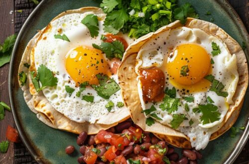 Huevos rancheros on a blue plate with fried eggs, crispy tortillas, refried beans, and salsa, presented on a dark wooden surface.