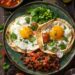 Huevos rancheros on a blue plate with fried eggs, crispy tortillas, refried beans, and salsa, presented on a dark wooden surface.