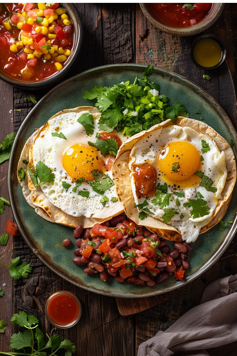 Huevos rancheros on a blue plate with fried eggs, crispy tortillas, refried beans, and salsa, presented on a dark wooden surface.