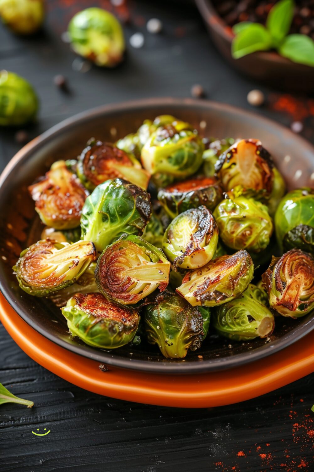 Close-up top-down view of crispy air fryer roasted Brussels sprouts on a orange plate.