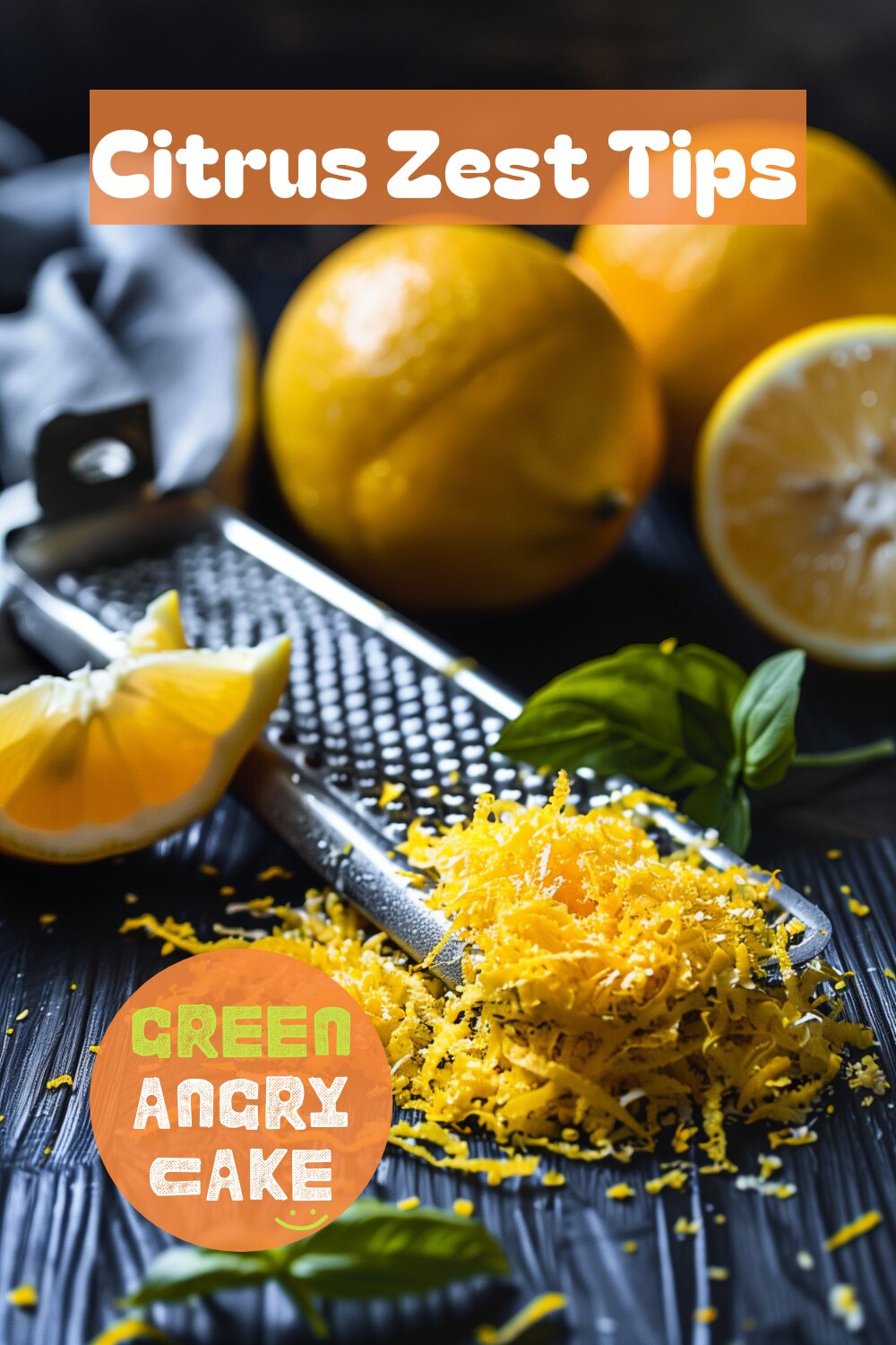 A vibrant photo showing freshly grated citrus zest in a bowl, with whole citrus fruits and a grater nearby. The background is a dark, black wooden texture surface. This image demonstrates zest preparation techniques.