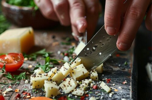 Hands demonstrating various knife skills on a cutting board with ingredients like cheese, vegetables, and herbs. The background is a dark, black wooden texture surface. This image illustrates knife preparation techniques.