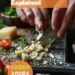 Hands demonstrating various knife skills on a cutting board with ingredients like cheese, vegetables, and herbs. The background is a dark, black wooden texture surface. This image illustrates knife preparation techniques.