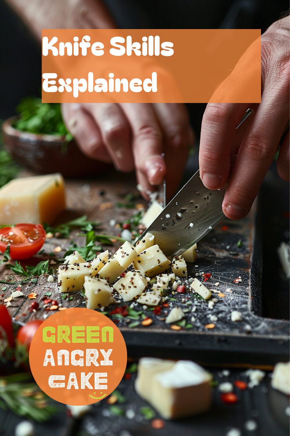 Hands demonstrating various knife skills on a cutting board with ingredients like cheese, vegetables, and herbs. The background is a dark, black wooden texture surface. This image illustrates knife preparation techniques.