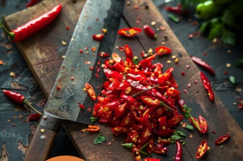 A vibrant photo showing freshly chopped chillies on a chopping board, with a sharp knife nearby. The background is a dark, black wooden texture surface. This image demonstrates chilli preparation techniques.