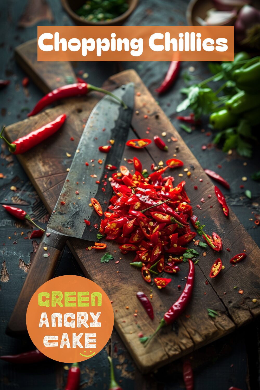 A vibrant photo showing freshly chopped chillies on a chopping board, with a sharp knife nearby. The background is a dark, black wooden texture surface. This image demonstrates chilli preparation techniques.