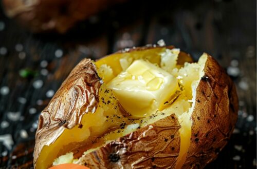 A vibrant photo showing a perfectly baked jacket potato with a crispy, golden skin, cut open and topped with a generous knob of butter. The background is a dark, black wooden texture surface. This image demonstrates jacket potato preparation techniques.