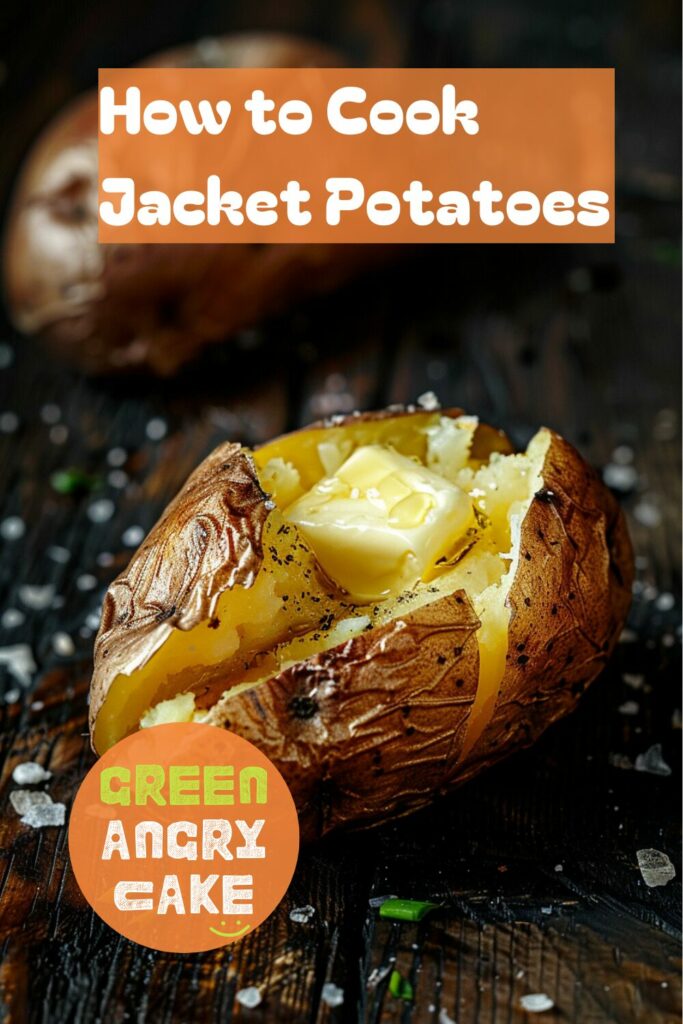 A vibrant photo showing a perfectly baked jacket potato with a crispy, golden skin, cut open and topped with a generous knob of butter. The background is a dark, black wooden texture surface. This image demonstrates jacket potato preparation techniques.