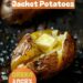 A vibrant photo showing a perfectly baked jacket potato with a crispy, golden skin, cut open and topped with a generous knob of butter. The background is a dark, black wooden texture surface. This image demonstrates jacket potato preparation techniques.