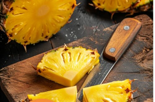 A vibrant photo showing a freshly cut pineapple on a chopping board, with the top and bottom removed, skin peeled, and the pineapple cut into quarters with the core removed. The background is a dark, black wooden texture surface. This image demonstrates pineapple cutting techniques.