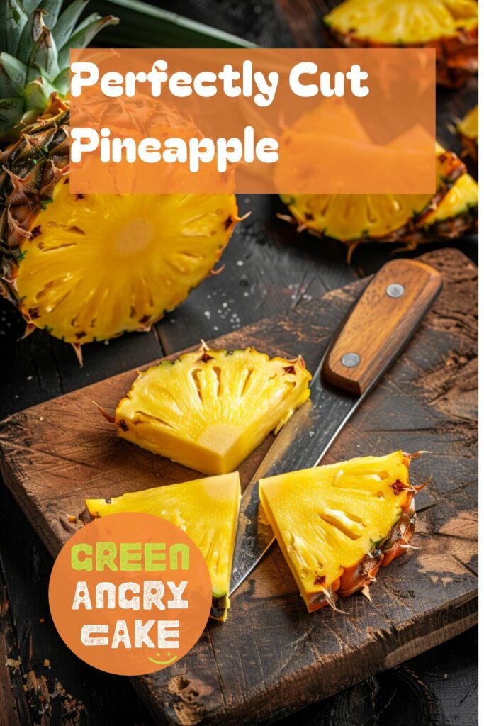 A vibrant photo showing a freshly cut pineapple on a chopping board, with the top and bottom removed, skin peeled, and the pineapple cut into quarters with the core removed. The background is a dark, black wooden texture surface. This image demonstrates pineapple cutting techniques.