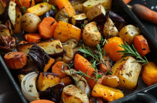 A vibrant photo showing a roasting dish filled with a variety of perfectly roasted vegetables, including butternut squash, parsnips, carrots, and aubergines, garnished with herbs. The background is a dark, black wooden texture surface. This image demonstrates vegetable roasting techniques.