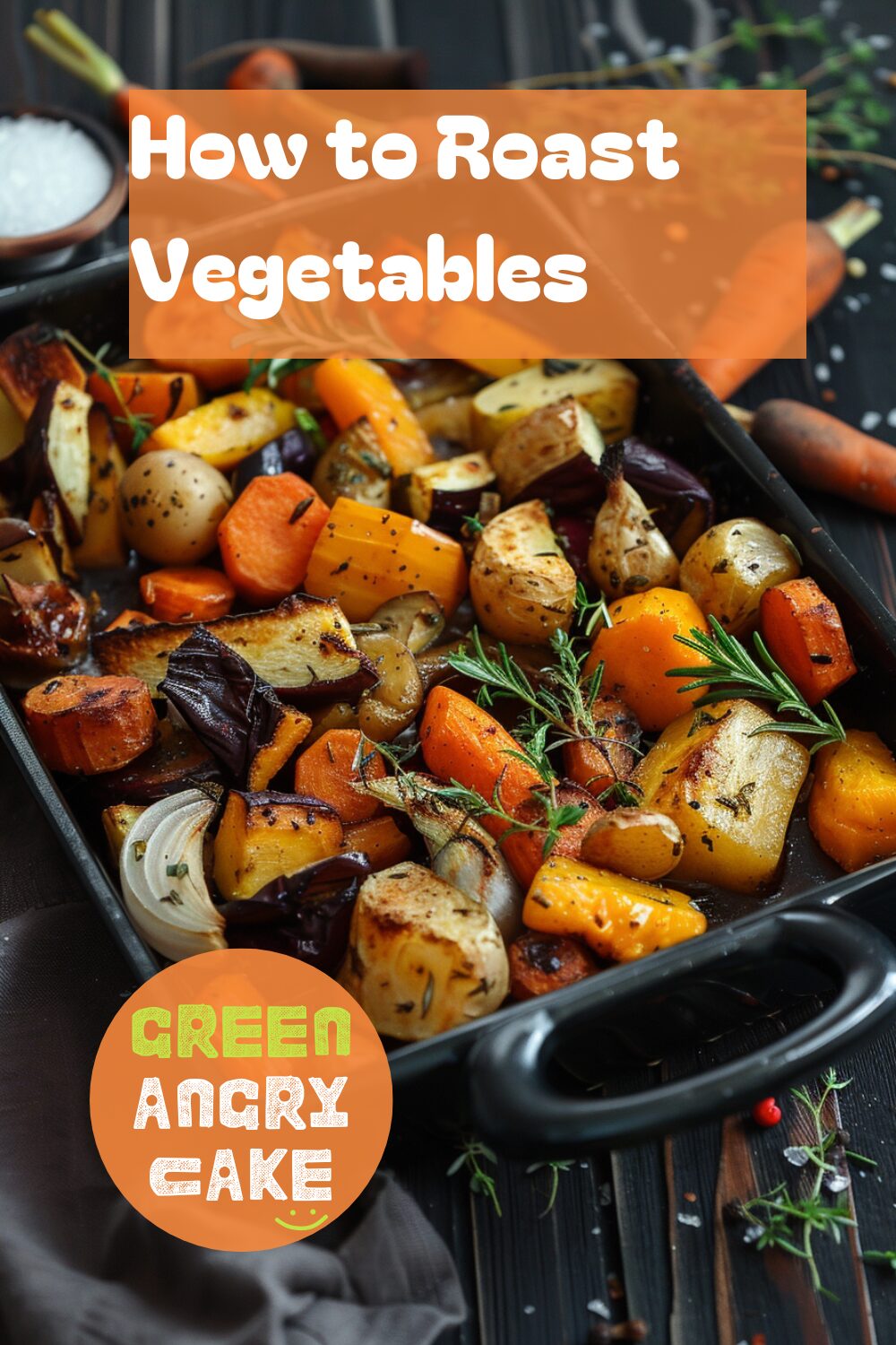 A vibrant photo showing a roasting dish filled with a variety of perfectly roasted vegetables, including butternut squash, parsnips, carrots, and aubergines, garnished with herbs. The background is a dark, black wooden texture surface. This image demonstrates vegetable roasting techniques.