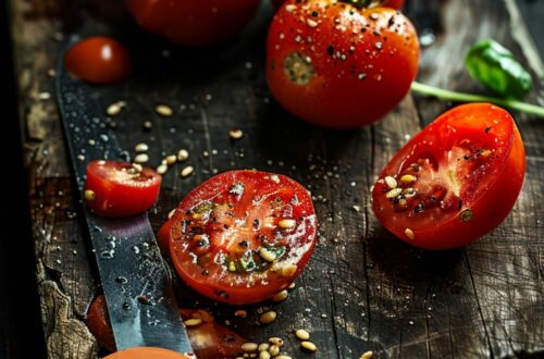 A vibrant photo showing tomatoes being de-seeded on a cutting board, demonstrating three methods: squeezing, scooping with a teaspoon, and cutting out seeds with a sharp knife. The background is a dark, black wooden texture surface. This image demonstrates tomato de-seeding techniques.