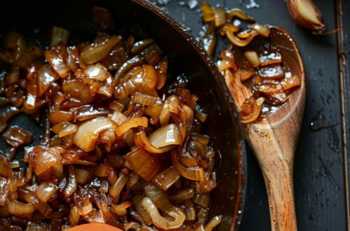 A vibrant photo showing a frying pan filled with perfectly caramelised onions, golden brown and glistening, with a wooden spoon resting on the side. The background is a dark, black wooden texture surface. This image demonstrates caramelised onion preparation techniques.