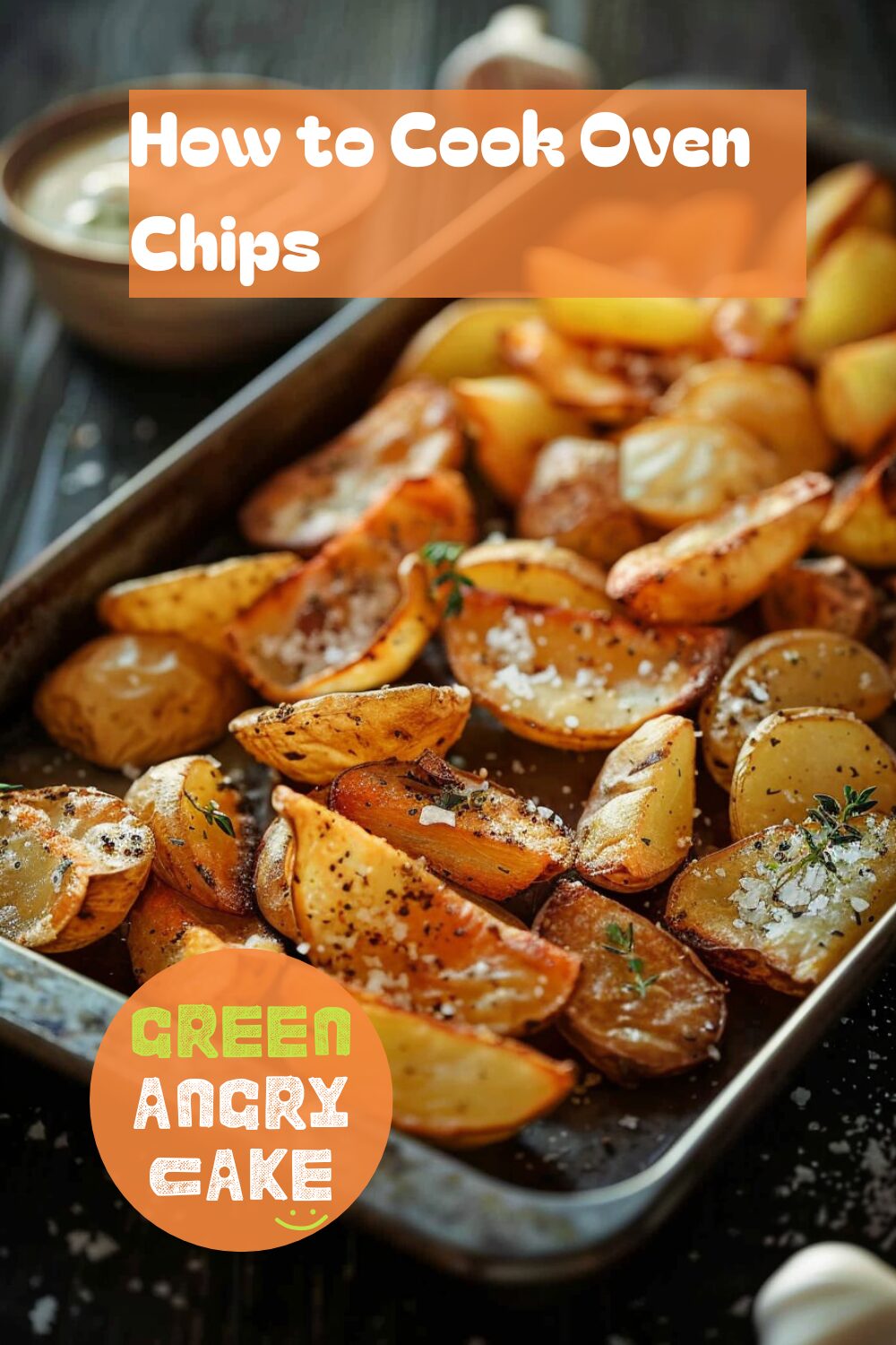 A vibrant photo showing a baking tray filled with golden, crispy oven chips, seasoned with salt and pepper, with a side of dipping sauce. The background is a dark, black wooden texture surface. This image demonstrates oven chip preparation techniques.