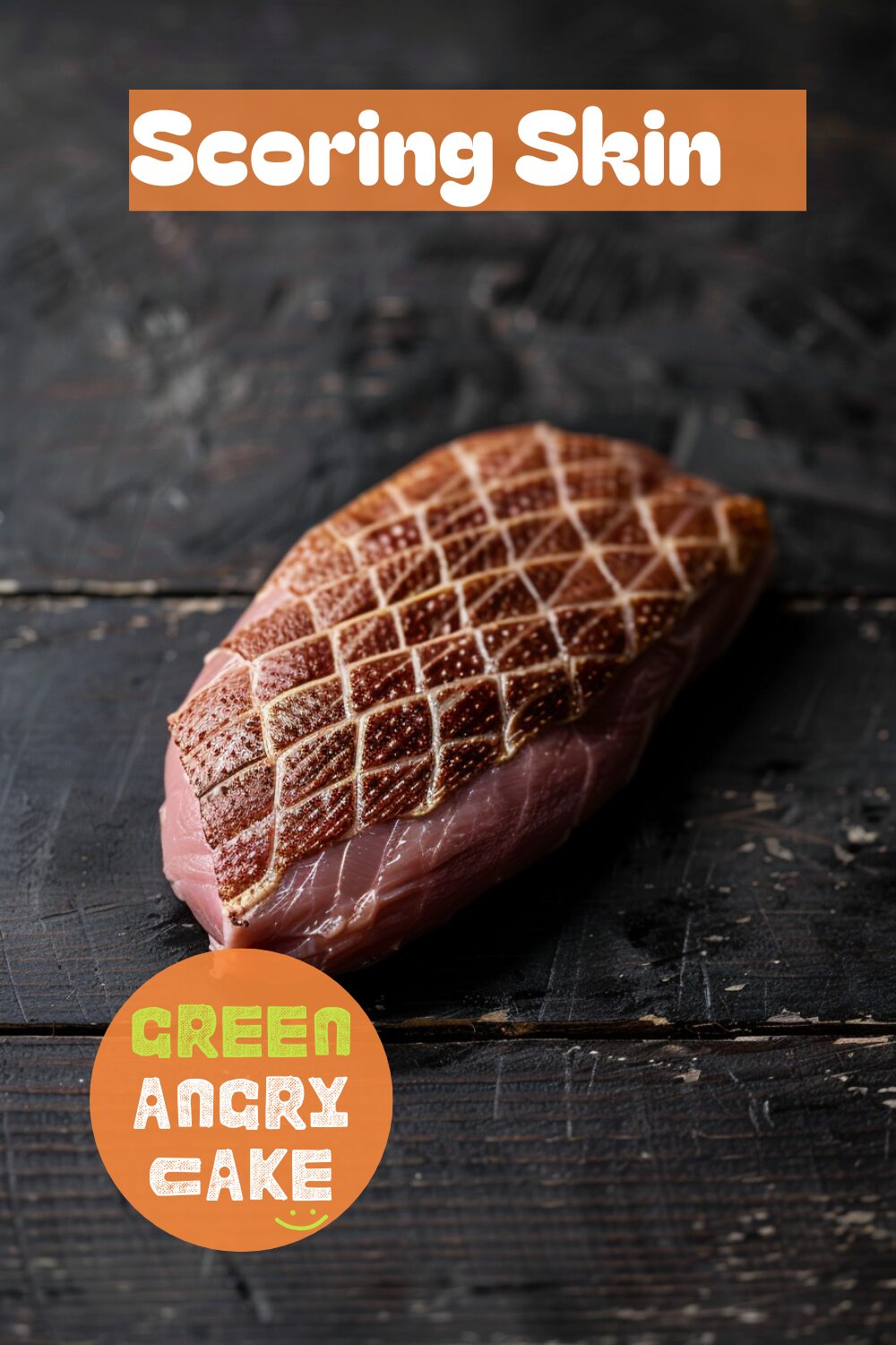 A vibrant photo showing a duck breast with perfectly scored skin in a cross-hatch pattern, ready for cooking. The background is a dark, black wooden texture surface. This image demonstrates skin scoring techniques.