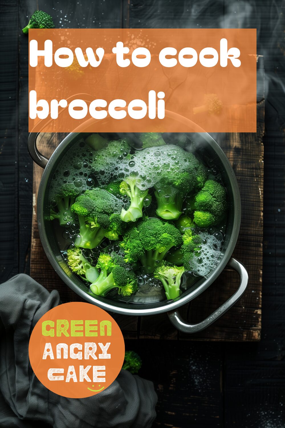 A vibrant photo showing perfectly cooked broccoli florets in a serving bowl, garnished with a sprinkle of salt and pepper. The background is a dark, black wooden texture surface. This image demonstrates broccoli preparation techniques.